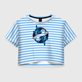 Женская футболка 3D укороченная с принтом Космические косатки в Белгороде, 100% полиэстер | круглая горловина, длина футболки до линии талии, рукава с отворотами | orca | sea | whale | галактика | звезды | кит | косатка | космос | море | океан