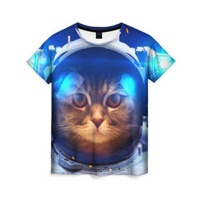 Женская футболка 3D с принтом Кот космонавт в Белгороде, 100% полиэфир ( синтетическое хлопкоподобное полотно) | прямой крой, круглый вырез горловины, длина до линии бедер | кот | кошка | скафандр
