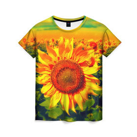 Женская футболка 3D с принтом Подсолнухи в Белгороде, 100% полиэфир ( синтетическое хлопкоподобное полотно) | прямой крой, круглый вырез горловины, длина до линии бедер | лето | подсолнух | солнце | цветы