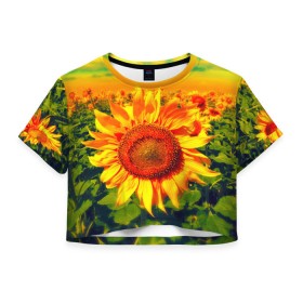 Женская футболка 3D укороченная с принтом Подсолнухи в Белгороде, 100% полиэстер | круглая горловина, длина футболки до линии талии, рукава с отворотами | лето | подсолнух | солнце | цветы