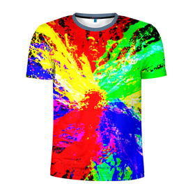 Мужская футболка 3D спортивная с принтом Взрыв цветов в Белгороде, 100% полиэстер с улучшенными характеристиками | приталенный силуэт, круглая горловина, широкие плечи, сужается к линии бедра | брызги | краски | разноцветный | яркий