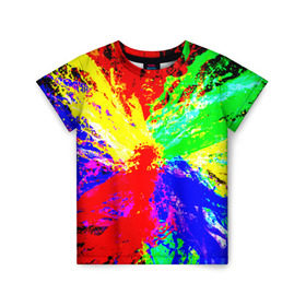 Детская футболка 3D с принтом Взрыв цветов в Белгороде, 100% гипоаллергенный полиэфир | прямой крой, круглый вырез горловины, длина до линии бедер, чуть спущенное плечо, ткань немного тянется | Тематика изображения на принте: брызги | краски | разноцветный | яркий
