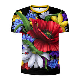 Мужская футболка 3D спортивная с принтом Композиция цветов в Белгороде, 100% полиэстер с улучшенными характеристиками | приталенный силуэт, круглая горловина, широкие плечи, сужается к линии бедра | композиция | мак | ромашки | цветы