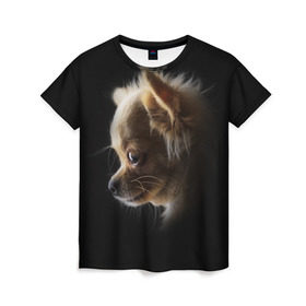 Женская футболка 3D с принтом Чихуахуа в Белгороде, 100% полиэфир ( синтетическое хлопкоподобное полотно) | прямой крой, круглый вырез горловины, длина до линии бедер | голова животного | прикольные картинки | собака | чихуахуа | щенок