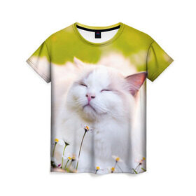 Женская футболка 3D с принтом Белая киса в Белгороде, 100% полиэфир ( синтетическое хлопкоподобное полотно) | прямой крой, круглый вырез горловины, длина до линии бедер | cat | киса | котенок | кошка | лето | ромашки | солнце