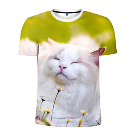 Мужская футболка 3D спортивная с принтом Белая киса в Белгороде, 100% полиэстер с улучшенными характеристиками | приталенный силуэт, круглая горловина, широкие плечи, сужается к линии бедра | cat | киса | котенок | кошка | лето | ромашки | солнце