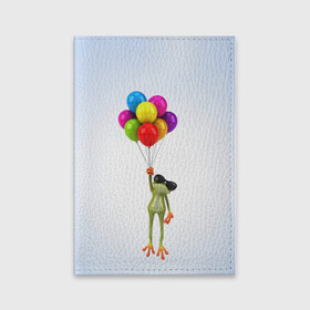 Обложка для паспорта матовая кожа с принтом Лягушка на воздушных шарах в Белгороде, натуральная матовая кожа | размер 19,3 х 13,7 см; прозрачные пластиковые крепления | Тематика изображения на принте: 