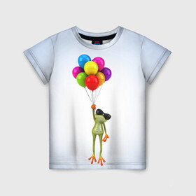 Детская футболка 3D с принтом Лягушка на воздушных шарах в Белгороде, 100% гипоаллергенный полиэфир | прямой крой, круглый вырез горловины, длина до линии бедер, чуть спущенное плечо, ткань немного тянется | Тематика изображения на принте: 