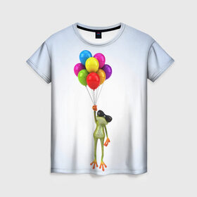 Женская футболка 3D с принтом Лягушка на воздушных шарах в Белгороде, 100% полиэфир ( синтетическое хлопкоподобное полотно) | прямой крой, круглый вырез горловины, длина до линии бедер | Тематика изображения на принте: 
