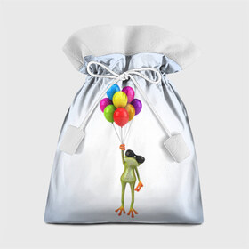 Подарочный 3D мешок с принтом Лягушка на воздушных шарах в Белгороде, 100% полиэстер | Размер: 29*39 см | Тематика изображения на принте: 