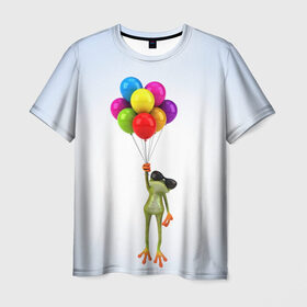 Мужская футболка 3D с принтом Лягушка на воздушных шарах в Белгороде, 100% полиэфир | прямой крой, круглый вырез горловины, длина до линии бедер | 
