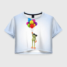 Женская футболка 3D укороченная с принтом Лягушка на воздушных шарах в Белгороде, 100% полиэстер | круглая горловина, длина футболки до линии талии, рукава с отворотами | 