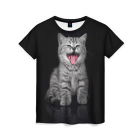 Женская футболка 3D с принтом Весёлый котик в Белгороде, 100% полиэфир ( синтетическое хлопкоподобное полотно) | прямой крой, круглый вырез горловины, длина до линии бедер | кот | кошка | прикол