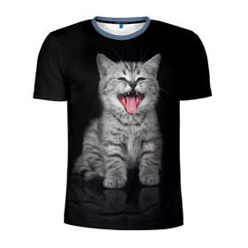 Мужская футболка 3D спортивная с принтом Весёлый котик в Белгороде, 100% полиэстер с улучшенными характеристиками | приталенный силуэт, круглая горловина, широкие плечи, сужается к линии бедра | кот | кошка | прикол