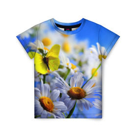 Детская футболка 3D с принтом Ромашки и бабочка в Белгороде, 100% гипоаллергенный полиэфир | прямой крой, круглый вырез горловины, длина до линии бедер, чуть спущенное плечо, ткань немного тянется | бабочки | лето | природа | ромашки | цветы