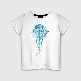 Детская футболка хлопок с принтом Синяя медуза в Белгороде, 100% хлопок | круглый вырез горловины, полуприлегающий силуэт, длина до линии бедер | красота | медуза | море | рисунок | синий | стиль | щупальца