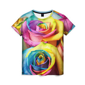 Женская футболка 3D с принтом Цветные розы в Белгороде, 100% полиэфир ( синтетическое хлопкоподобное полотно) | прямой крой, круглый вырез горловины, длина до линии бедер | девушкам | розы | цветные | цветы
