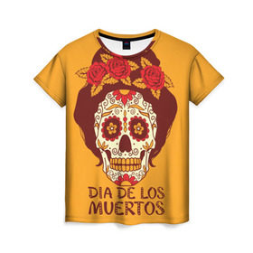 Женская футболка 3D с принтом Мексиканский череп в Белгороде, 100% полиэфир ( синтетическое хлопкоподобное полотно) | прямой крой, круглый вырез горловины, длина до линии бедер | cobwebs | color | day of the dead | dead | death | eyes | girl | holiday | makeup | mask | mexican skull | mexico | ornament | pattern | взгляд | девушка | день мертвых | макияж | маска | мексика | мексиканский череп | мертвецов | орнамент | паутина | пра