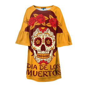 Детское платье 3D с принтом Мексиканский череп в Белгороде, 100% полиэстер | прямой силуэт, чуть расширенный к низу. Круглая горловина, на рукавах — воланы | cobwebs | color | day of the dead | dead | death | eyes | girl | holiday | makeup | mask | mexican skull | mexico | ornament | pattern | взгляд | девушка | день мертвых | макияж | маска | мексика | мексиканский череп | мертвецов | орнамент | паутина | пра