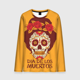 Мужской лонгслив 3D с принтом Мексиканский череп в Белгороде, 100% полиэстер | длинные рукава, круглый вырез горловины, полуприлегающий силуэт | cobwebs | color | day of the dead | dead | death | eyes | girl | holiday | makeup | mask | mexican skull | mexico | ornament | pattern | взгляд | девушка | день мертвых | макияж | маска | мексика | мексиканский череп | мертвецов | орнамент | паутина | пра