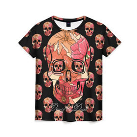 Женская футболка 3D с принтом Мексиканский череп в Белгороде, 100% полиэфир ( синтетическое хлопкоподобное полотно) | прямой крой, круглый вырез горловины, длина до линии бедер | Тематика изображения на принте: день мертвых | мексика | паттерн | традиция | узоры | цветы