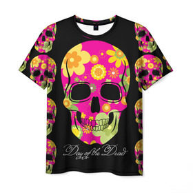 Мужская футболка 3D с принтом Мексиканский череп в Белгороде, 100% полиэфир | прямой крой, круглый вырез горловины, длина до линии бедер | день мертвыхэ | мексика | разноцветный | традция | узоры | цветы | яркий