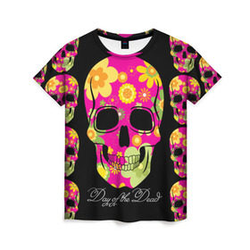 Женская футболка 3D с принтом Мексиканский череп в Белгороде, 100% полиэфир ( синтетическое хлопкоподобное полотно) | прямой крой, круглый вырез горловины, длина до линии бедер | день мертвыхэ | мексика | разноцветный | традция | узоры | цветы | яркий