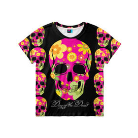 Детская футболка 3D с принтом Мексиканский череп в Белгороде, 100% гипоаллергенный полиэфир | прямой крой, круглый вырез горловины, длина до линии бедер, чуть спущенное плечо, ткань немного тянется | день мертвыхэ | мексика | разноцветный | традция | узоры | цветы | яркий