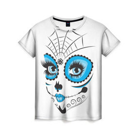 Женская футболка 3D с принтом Мексиканский череп в Белгороде, 100% полиэфир ( синтетическое хлопкоподобное полотно) | прямой крой, круглый вырез горловины, длина до линии бедер | белый | девушка | день мертвых | мексика | традция | узоры | цветы