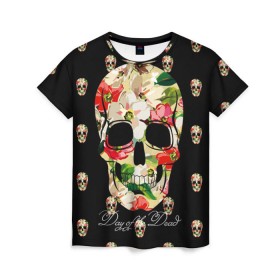 Женская футболка 3D с принтом Мексиканский череп в Белгороде, 100% полиэфир ( синтетическое хлопкоподобное полотно) | прямой крой, круглый вырез горловины, длина до линии бедер | день мертвых | мексика | паттерн | темный | традция | узоры | цветочный | цветы