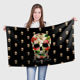 Флаг 3D с принтом Мексиканский череп в Белгороде, 100% полиэстер | плотность ткани — 95 г/м2, размер — 67 х 109 см. Принт наносится с одной стороны | день мертвых | мексика | паттерн | темный | традция | узоры | цветочный | цветы