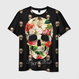 Мужская футболка 3D с принтом Мексиканский череп в Белгороде, 100% полиэфир | прямой крой, круглый вырез горловины, длина до линии бедер | Тематика изображения на принте: день мертвых | мексика | паттерн | темный | традция | узоры | цветочный | цветы