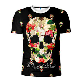 Мужская футболка 3D спортивная с принтом Мексиканский череп в Белгороде, 100% полиэстер с улучшенными характеристиками | приталенный силуэт, круглая горловина, широкие плечи, сужается к линии бедра | день мертвых | мексика | паттерн | темный | традция | узоры | цветочный | цветы