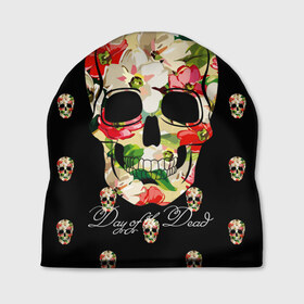 Шапка 3D с принтом Мексиканский череп в Белгороде, 100% полиэстер | универсальный размер, печать по всей поверхности изделия | день мертвых | мексика | паттерн | темный | традция | узоры | цветочный | цветы