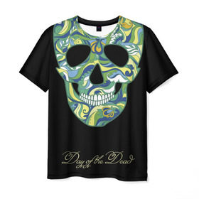 Мужская футболка 3D с принтом Мексиканский череп в Белгороде, 100% полиэфир | прямой крой, круглый вырез горловины, длина до линии бедер | день мертвых | мексика | разноцветный | традиция | узоры | цветы | черный | яркий
