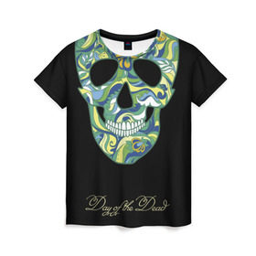 Женская футболка 3D с принтом Мексиканский череп в Белгороде, 100% полиэфир ( синтетическое хлопкоподобное полотно) | прямой крой, круглый вырез горловины, длина до линии бедер | день мертвых | мексика | разноцветный | традиция | узоры | цветы | черный | яркий