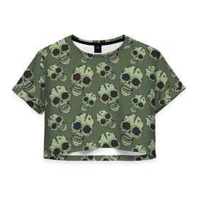 Женская футболка 3D укороченная с принтом Зеленые черепа в Белгороде, 100% полиэстер | круглая горловина, длина футболки до линии талии, рукава с отворотами | болотный | паттерн