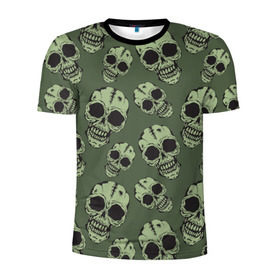 Мужская футболка 3D спортивная с принтом Зеленые черепа в Белгороде, 100% полиэстер с улучшенными характеристиками | приталенный силуэт, круглая горловина, широкие плечи, сужается к линии бедра | болотный | паттерн