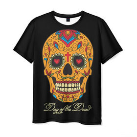 Мужская футболка 3D с принтом Мексиканский череп в Белгороде, 100% полиэфир | прямой крой, круглый вырез горловины, длина до линии бедер | день мертвых | мексика | традция | узоры | цветы