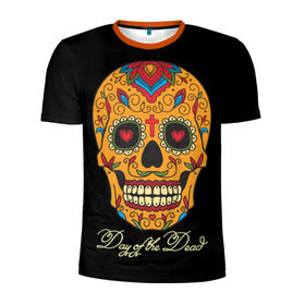 Мужская футболка 3D спортивная с принтом Мексиканский череп в Белгороде, 100% полиэстер с улучшенными характеристиками | приталенный силуэт, круглая горловина, широкие плечи, сужается к линии бедра | день мертвых | мексика | традция | узоры | цветы