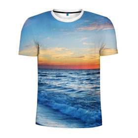 Мужская футболка 3D спортивная с принтом Море на закате в Белгороде, 100% полиэстер с улучшенными характеристиками | приталенный силуэт, круглая горловина, широкие плечи, сужается к линии бедра | волны | закат | море | небо | облака | пейзаж | пляж