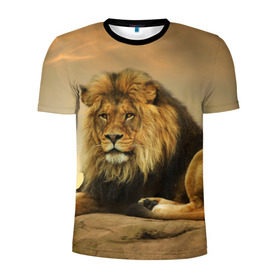 Мужская футболка 3D спортивная с принтом Величиственый лев в Белгороде, 100% полиэстер с улучшенными характеристиками | приталенный силуэт, круглая горловина, широкие плечи, сужается к линии бедра | царь зверей
