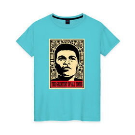 Женская футболка хлопок с принтом Muhammad Ali в Белгороде, 100% хлопок | прямой крой, круглый вырез горловины, длина до линии бедер, слегка спущенное плечо | 