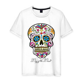 Мужская футболка хлопок с принтом Мексиканский череп в Белгороде, 100% хлопок | прямой крой, круглый вырез горловины, длина до линии бедер, слегка спущенное плечо. | Тематика изображения на принте: color | day of the dead | dead | death | holiday | mexican skull | mexico | ornament | pattern | день мертвых | мексика | мексиканский череп | мертвецов | орнамент | праздник | узоры | цветы