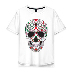 Мужская футболка хлопок Oversize с принтом Мексиканский череп в Белгороде, 100% хлопок | свободный крой, круглый ворот, “спинка” длиннее передней части | color | day of the dead | dead | death | holiday | mexican skull | mexico | ornament | pattern | день мертвых | мексика | мексиканский череп | мертвецов | орнамент | праздник | узоры | цветы