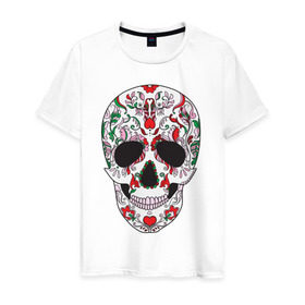Мужская футболка хлопок с принтом Мексиканский череп в Белгороде, 100% хлопок | прямой крой, круглый вырез горловины, длина до линии бедер, слегка спущенное плечо. | color | day of the dead | dead | death | holiday | mexican skull | mexico | ornament | pattern | день мертвых | мексика | мексиканский череп | мертвецов | орнамент | праздник | узоры | цветы