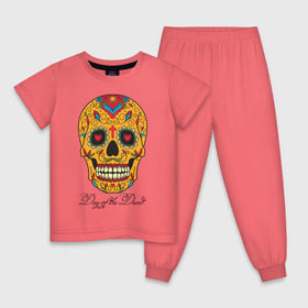 Детская пижама хлопок с принтом Мексиканский череп в Белгороде, 100% хлопок |  брюки и футболка прямого кроя, без карманов, на брюках мягкая резинка на поясе и по низу штанин
 | color | day of the dead | dead | death | halloween | holiday | mexican skull | mexico | ornament | pattern | день мертвых | мексика | мексиканский череп | мертвецов | орнамент | праздник | узоры | хэллоуин | цветы