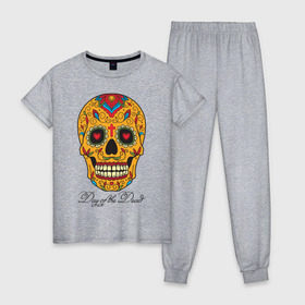 Женская пижама хлопок с принтом Мексиканский череп в Белгороде, 100% хлопок | брюки и футболка прямого кроя, без карманов, на брюках мягкая резинка на поясе и по низу штанин | color | day of the dead | dead | death | halloween | holiday | mexican skull | mexico | ornament | pattern | день мертвых | мексика | мексиканский череп | мертвецов | орнамент | праздник | узоры | хэллоуин | цветы