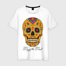 Мужская футболка хлопок с принтом Мексиканский череп в Белгороде, 100% хлопок | прямой крой, круглый вырез горловины, длина до линии бедер, слегка спущенное плечо. | Тематика изображения на принте: color | day of the dead | dead | death | halloween | holiday | mexican skull | mexico | ornament | pattern | день мертвых | мексика | мексиканский череп | мертвецов | орнамент | праздник | узоры | хэллоуин | цветы