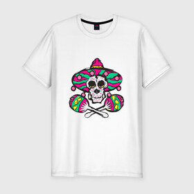 Мужская футболка премиум с принтом Мексиканский череп в Белгороде, 92% хлопок, 8% лайкра | приталенный силуэт, круглый вырез ворота, длина до линии бедра, короткий рукав | Тематика изображения на принте: 